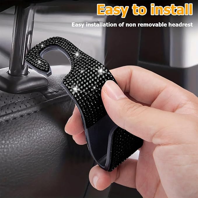 4PCS Bling Car Seat Headrest Hooks, Vehicle Back Seat Purse Handbag Hanging Holder with Crystal Rhinestone, Diamond Storage Organizer Hook, Universal Automotive Accessories (Orange)