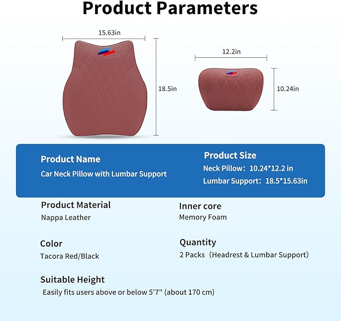 Anti-Stain Nappa Leather Car Neck Pillow for BMW New X3 X5 X2 X4 X1 X6 X7 2 3 4 5 7 Series Headrest Neck Pillow, Soft Memory Foam Headrest with Lumbar Support Accessories(Tacora Red-bm-2 pcs)