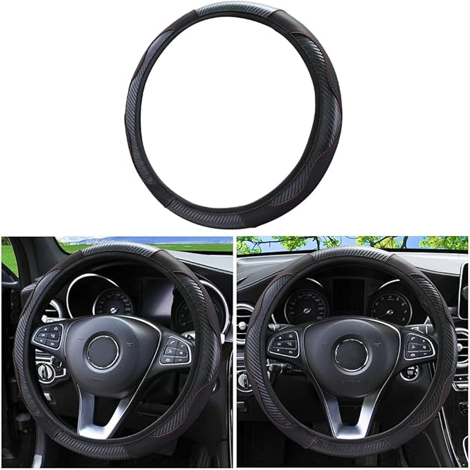 Car Steering Wheel Cover, Universal Microfiber PU Leather Elastic 15 inch Stitching Color Anti-Slip Steering Wheel Protector, Car Interior Accessories Steering Wheel Cover for Men Women (Black)