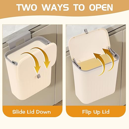 3 Pack Hanging Trash Can with Lid, Kitchen Compost Bin for Counter Top or Under Sink, Plastic Waste Basket Wall Mounted Garbage Can for Cupboard/Bathroom/Bedroom/Office/Camping (Cream)