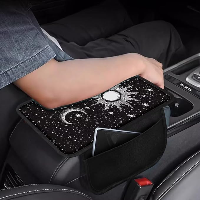 Boatee Sun Moon Armrest Cover for Auto Center Console Cover Arm Rest Mat for Car Console Organizer Armrest Storage Box Pad Universal Arm Rest Cushion Car Accessories Interior Set with Pockets Black