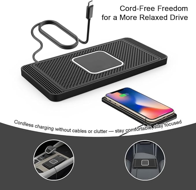 Cordless Car Charger Pad for Mini Electric, Non-Slip Phone Charging Mat for Center Console Use, Flexible Trim-to-Fit Design, 15W Charging Support