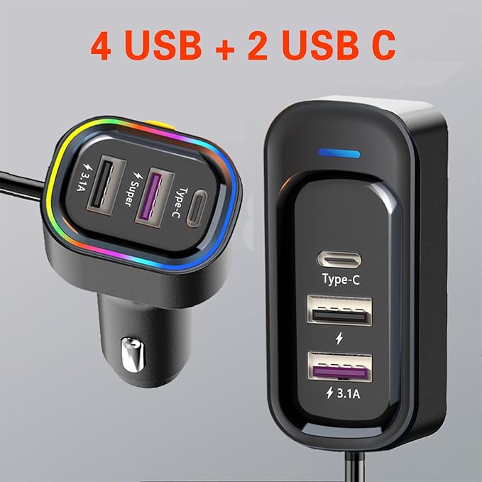 USB C Car Charger, 81W Multiport 6-Port PD & QC3.0 Fast Charger for Multiple Devices, Cigarette Lighter Adapter Car Travel Essentials with 5FT Cable, Compatible with iPhone 15/16/17, Pad, Galaxy S24