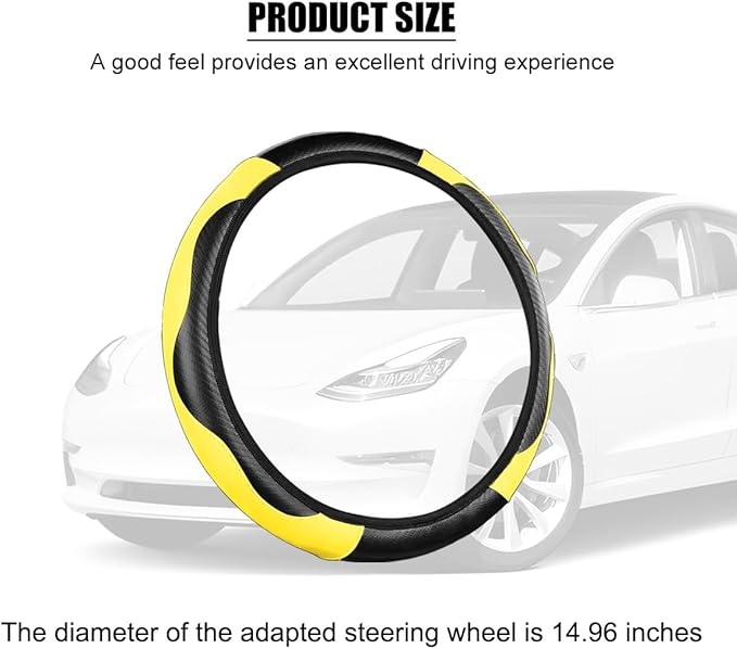 Carbon Fiber Car Steering Wheel Cover, 14.5-15 Inch Elastic Stretch Steering Wheel Guard, Sports Style Non-Slip Automotive Interior Accessories, Universal for Vehicles (Yellow)