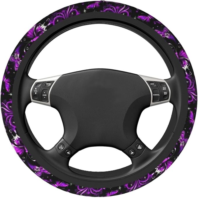 Purple Butterfly and Flower Universal Steering Wheel Cover for Men Women, Soft Anti Slip Stretch Neoprene Steering Wheel Covers Car Protector Accessories 15 Inch-Black