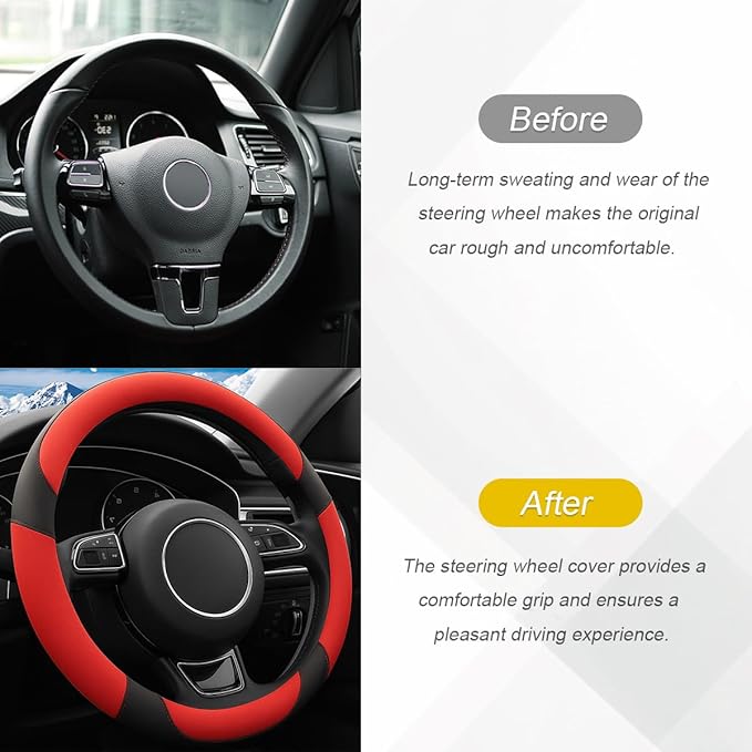 HZEL Car Steering Wheel Cover, 15 Inch PU Leather Breathable Anti-Slip Vehicle Steering Wheel Protecter with Inner Ring, Automotive Interior Accessories, Universal for SUV Sedan Truck (Red)