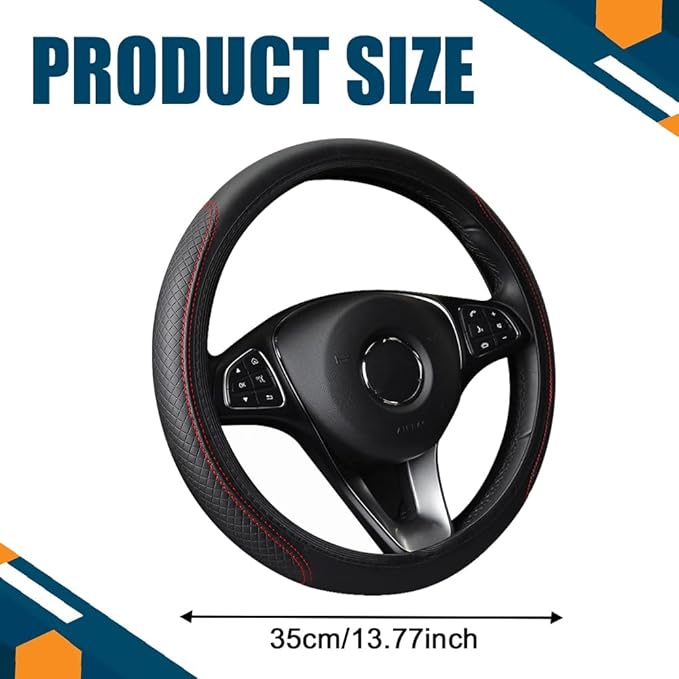 Car Steering Wheel Cover, Universal 14.5-15 Inch Black Leather Steering Wheel Wrap with Better Sport Grip for Men Women, Anti-Slip Breathable Car Interior Accessories for Most Vehicle (Black with red)