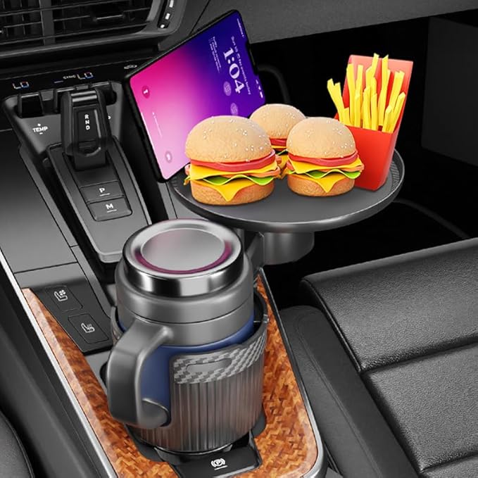 Cup Holder Tray for Car, 2 in 1 Detachable Car Food Table Tray with Solid Base & Phone Slot,Car Cup Holder Expander with 360°Rotation Tray for Travel Road Essentials (Round)