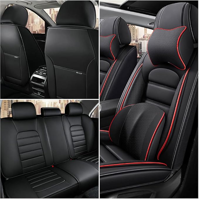 Iceleather Luxury Car Seat Covers for Ford Edge 2007-2025,Waterproof Soft Breathable PU Leather Seat Cover with Storage Pockets(Black&Red,Full Set with Pillow)
