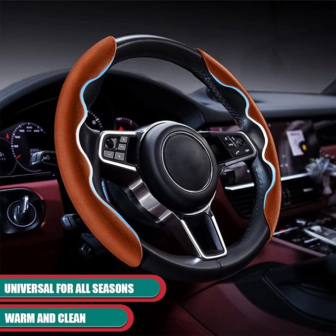 Car Steering Wheel Cover, Microfiber Suede Leather and Carbon Fiber Double Sided Design, Warm in Winter and Cool in Summer, Breathable Non Slip Segmented Protector for Most Cars (Turn Fur/Brown)