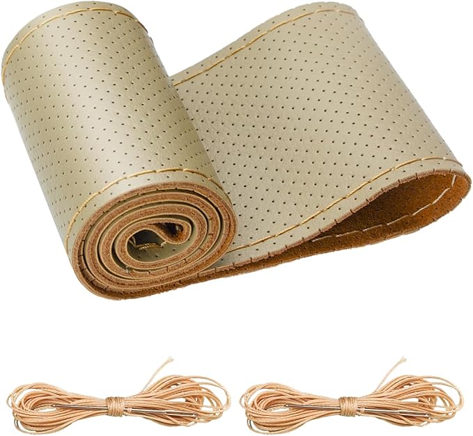 BELINOUS Universal Leather Car Steering Wheel Cover, Stitch On Wrap (Size M4, Beige)