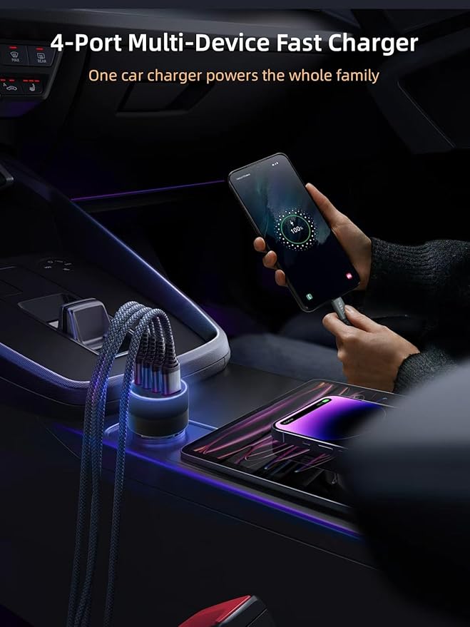 [4 in 1] USB C Car Charger 90W Max Super Fast Charging Adapter,4-Port PD PPS Car Charger Dual USB-C (30W+15W) & Dual 22.5W USB-A Ports for iPhone17/16/15/14, Samsung Galaxy,iPad,Laptop
