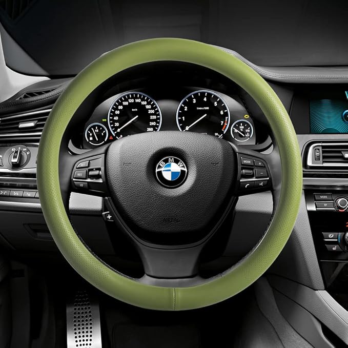 VARGTR Car Steering Wheel Cover,Universal 15 Inch Premium Leather Car Steering Wheel Cover,Best Grip,Perforated Design,Breathable,Non-Slip,Sweat-Absorbent,Warm in Winter and Cool in Summer (Green)
