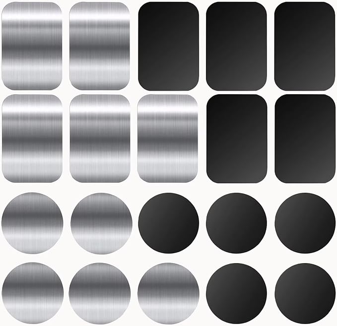 Adhesive Thin Metal Plates(Compatible with Magnetic Mounts),20PCS Metal Plates for Phone Case,(10 Rectangle and 10 Round) S-07N(Black+Silver)