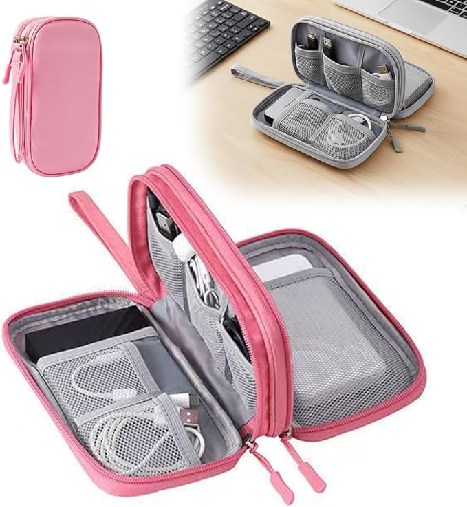 Travel Cable Organizer Pouch, 2026 Updated Cord Organizer Box, Double Layers Electronics Cable Organizer Box, All in One Cable Organizer Bag for Cable, Cord, Charger, Adapter, SD Card (Pink)