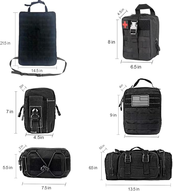 BEATUNEE Universal Tactical Front Seat Back Organizer with 5 detachable Molle Storage Bag/Hanger Bag,Applicable to all vehicle (Black)