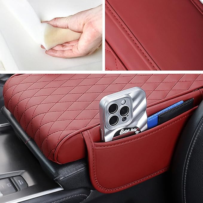 Car Center Console Armrest Cover, Leather Car Center Console Cover Cushion with 2 Storage Bags, Universal Center Console Pad Thickened Memory Foam Car Armrest Lids Storage Box (Gray)
