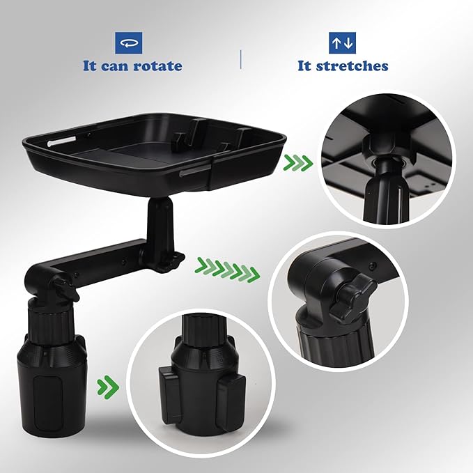 Qihoo Car Cup Holder Tray Table Multifunctional Car Tray for Eating 360° Swivel Adjustable Car Food Eating Tray Table and Base with Extra Phone Slot（Enhanced Tray deepening） Black