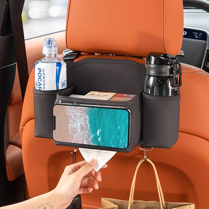 Tumecos Car Seat Back Storage Bag, Car Backseat Organizer with Tissue Box, Large Capacity Car Storage Box, Multi-function Car Rear Seat Storage Pocket, Universal for Most Vehicles (Style B, Black)