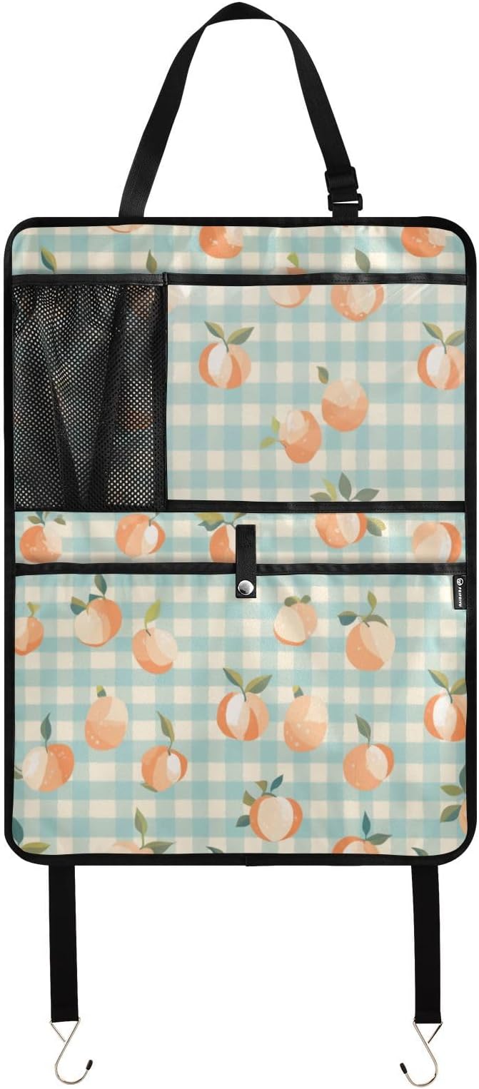 1 Pack Back Seat Car Organizer with Storage Pockets Kick Mats Back Seat Protector Hanging Car Organizer Automotive Seat Back Cover Organizers Peaches Plaid Vacation Style Blue