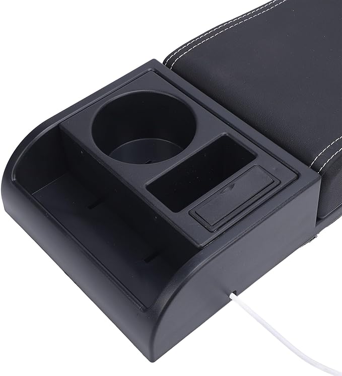 Center Console Armrest Box Cover Adjustable Length with USB Charging Port Cup Holder Universal for Most Vehicles (White Line)