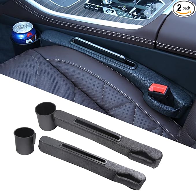 DURASIKO Advanced 3in1 Car Seat Gap Filler with Pocket Organizer and Removable Cupholder,Console Side Pocket Organizer,Car Seat Gap Pad for Cellphone Coin Key,Stopper and Blocker,PU Leather,2 Packs
