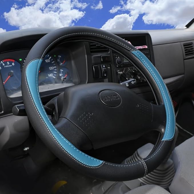Product Truck Steering Wheel Cover PU Leather Anti Slip Anti Rub Four Season Universal 16 17 18 19inch (Black Blue, 16inch)
