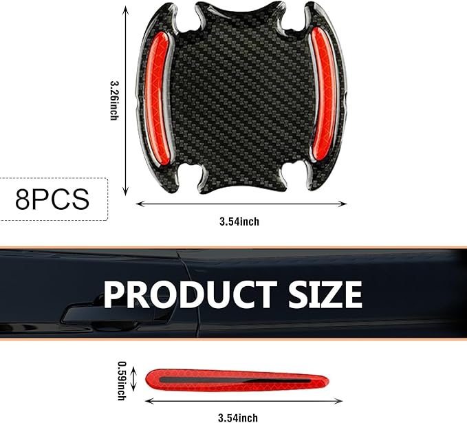 8 PCS Car Door Handle Scratch Protector, 3D Carbon Fiber Car Door Handle Protector, Self-Adhesive Reflective Sticker, Safety Warning, Cars Paint Protection Film (Red)