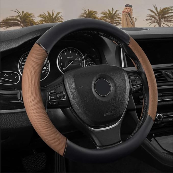 Universal Leather Car Steering Wheel Cover Colorful Steering Wheel Cover Cute Women 15 Inch Steering Wheel Protector (Brown)
