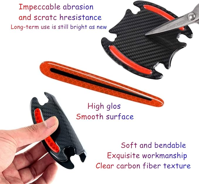 8pcs Universal Carbon Fiber Texture Car Door Handle Scratch Protector Cover - Reflective Stickers (Red)