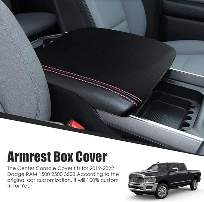 sportuli Center Console Cover Anti-Scratch Leather Armrest Pad Replace for 2019-2024 2025 Dodge RAM 1500 2500 3500, for All Makes & Models with Bucket Seats (Red Stitches)