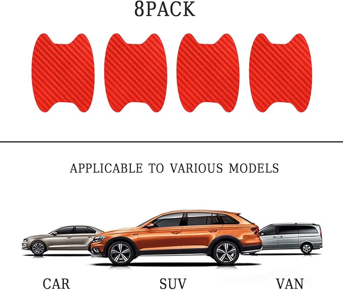 8PCS Car Door Handle Sticker, Carbon Fiber Anti-Scratches Car Door Cup Protector, Non-Marking Auto Door Handle Protective Film, Self-Adhesive Door Side Paint Protector for All Cars (Red/8PCS)