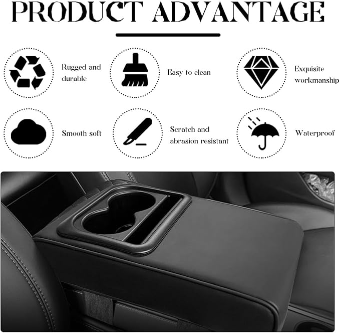 Car Center Console Armrest Pillow, 14"×8.3" Leather Memory Foam Armrest Cushion with Cup Holder & Phone Holder, Waterproof Middle Console Cover Box Protector for Most Vehicle (Glossy)