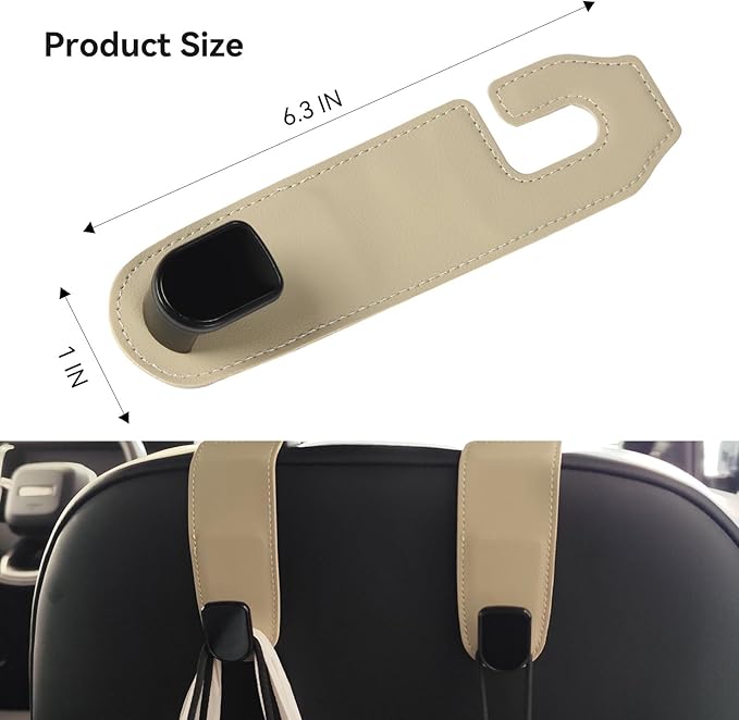 Gluebar Car Purse Hook, Car Seat Leather Hooks for Headrest, Car Hanger Storage Organizer for Purse and Bags,Multifunctional Car Seat Backrest Storage Accessories(Beige-2 Pack)