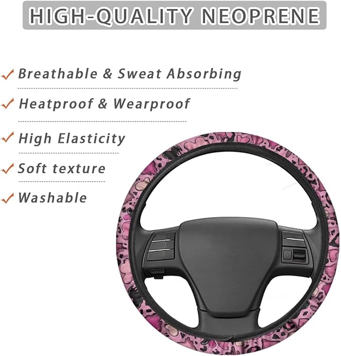Universal Non-Slip Steering Wheel Cover, 15-inch Polyester Material Driving Accessories, Adjustable for Car and Truck(Sweet Cool Pink Leopard)