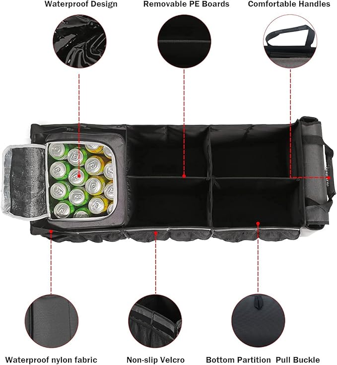 EAROND Large Trunk Organizer with Portable Leakproof Cooler Bag,Foldable Cover,Adjustable Securing Straps,Collapsible Trunk Organizer for Suv Car Truck Sedan (4-in-1 with Cooler)