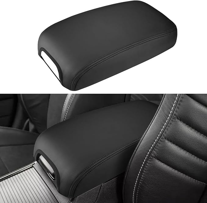 INTGET Center Console Cover for Dodge Charger Accessories 2011-2020 2021 2022 2023 for Chrysler 300 2015-2022 Leather Console Lid Protector Cushion Pad(Black Stitches, Without Pattern)