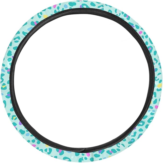 Universal Non-Slip Steering Wheel Cover, 15-inch Polyester Material Driving Accessories, Adjustable for Car and Truck(Mint Green Colorful Leopard)