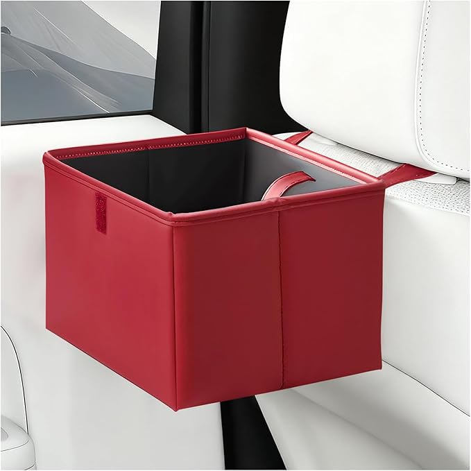 Car Trash Bin, Foldable Leather Auto Rubbish Can with Reinforced Bottom & Trash Bags, Waterproof Hanging Garbage Can Backseat Storage Box for Most Vehicles, Car Accessories (Red)