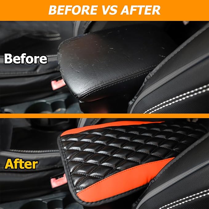 Car Center Console Pad, Universal Waterproof Armrest Seat Box Cover, 12.6" x 7.5" PU Leather Auto Armrest Protector, Car Interior Accessories Decor for Most Vehicles, Truck, SUV (Orange)