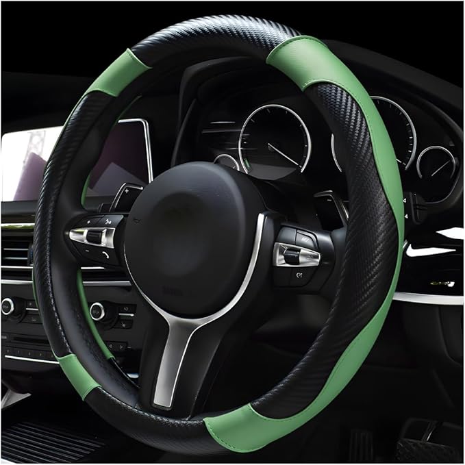 Car Steering Wheel Cover, 15 Inch Carbon Fiber Leather Stitching Color Steering Wheel Protector, Anti-Slip Elastic Breathable Steering Wheel Cover Stylish Decor for Most Cars (Green)