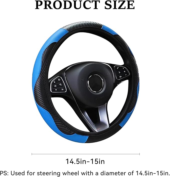 Car Steering Wheel Cover, 15 inch Carbon Fiber Microfiber PU Leather Elastic Steering Wheel Protector for Men Women, Anti-Slip Breathable Car Interior Accessories for Most Cars (Blue)