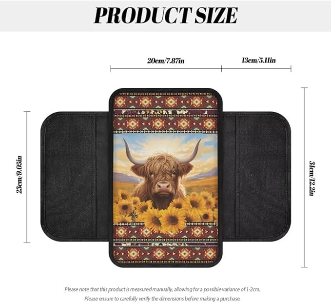 Boatee Highland Cow Sunflower Center Console Cover for Car Arm Rest Mat Armrest Pad for Car Console Organizer Auto Console Cushion Pad Arm Rest Box Pad Car Interior Protcetor Stylish Decor Brown