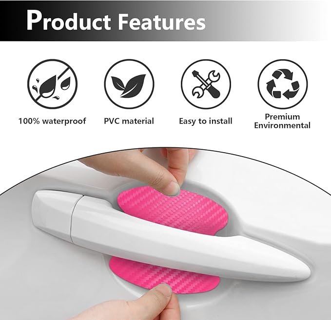 Kewucn 4PCS Car Door Handle Sticker, Carbon Fiber Auto Door Side Handle Protective Films, Anti-Scratch Vehicle Door Cup Protector, Universal Exterior Accessories for Most Cars (Pink)
