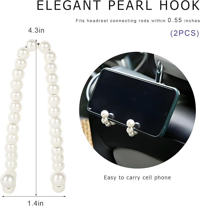 2PCS Elegant Pearl Car Seat Headrest Hook, Cute Vehicle Back Seat Hanger Purse Hook, Auto Interior Decor Strong Load-Bearing Headrest Hanger for Handbag Keys Grocery Bags