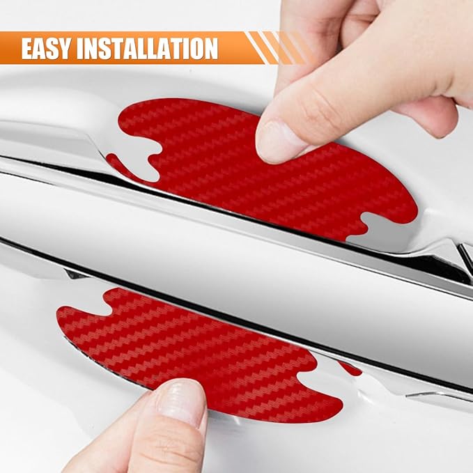 4PCS Car Door Handle Cup Scratch Protector, 3D Carbon Fiber Door Bowl Sticker, Car Paint Protective Film, Universal Automotive Doors Handle Guard Pad for Most Cars (Red)