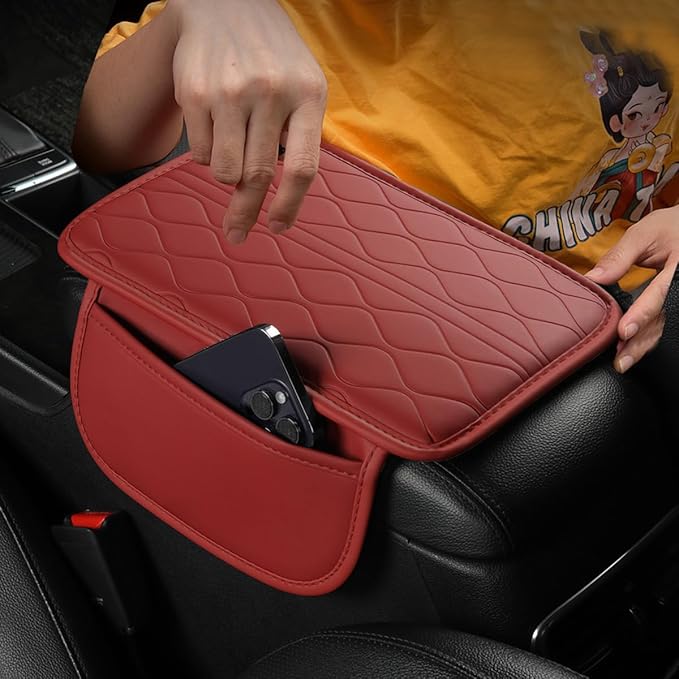 Car Center Console Cover, Leather Vehicle Armrest Seat Box Pad Cushion with 2 Storage Bags, Automotive Interior Arm Rest Protector Accessories, Universal for SUV, Sedan, Truck (Wine Red)