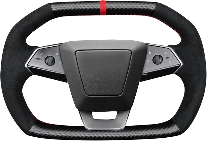 Steering Wheel Cover for Cybertruck Hand Stitching DIY Steering Wheel Cover Black with Dark Red Center Mark (Upper Lower Carbon Fiber & Alcantara Side Grips)
