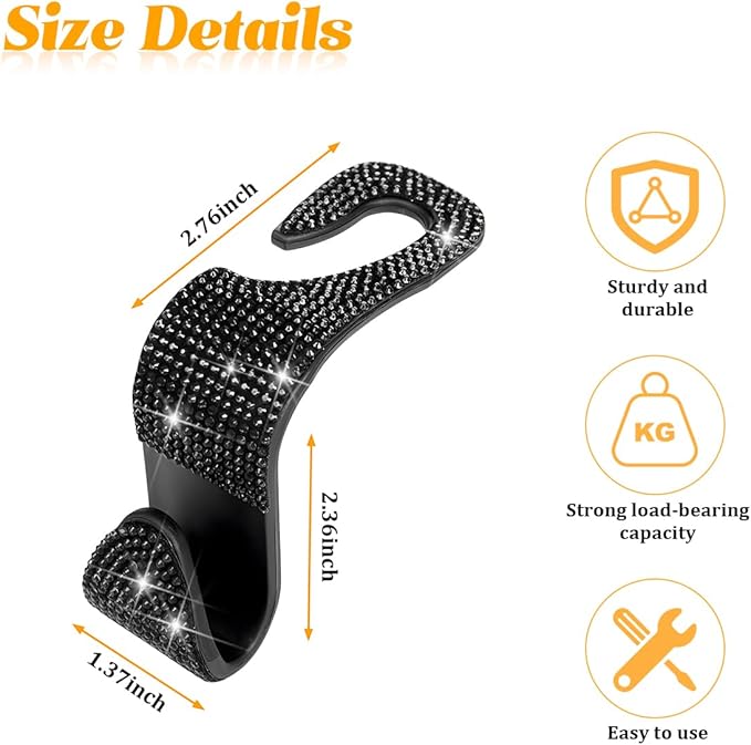 HZEL Bling Car Seat Headrest Hooks, 4PCS Crystal Rhinestone Vehicle Seat Back Hanger Holder for Purses Bag Handbags, Diamond Headrest Storage Organizer, Universal Auto Accessories (Black)