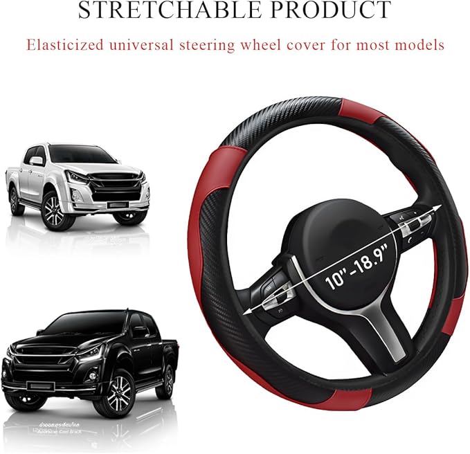 Elastic Steering Wheel Cover - Microfiber Leather Carbon Fiber Protector, Anti-Slip Lining, Wine Red
